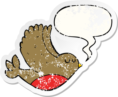 Konuşma baloncuğu olan çizgi film kuşu bir insan tarafından çizilmiş sıkıntılı eski bir çıkartma