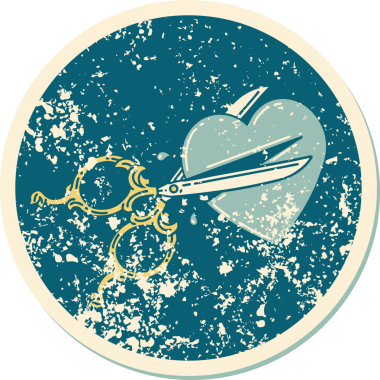 Bir insan tarafından çizilmiş bir kalbi kesen makasın sembolik dövmeli görüntüsü