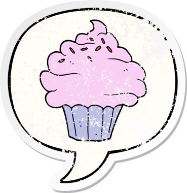 Konuşma balonlu çizgi film keki bir insan tarafından çizilmiş sıkıntılı eski bir çıkartma