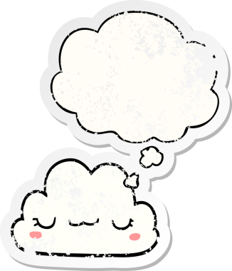 Düşünce baloncuğu olan sevimli çizgi film bulutu bir insan tarafından çizilmiş yıpranmış bir çıkartma gibi.