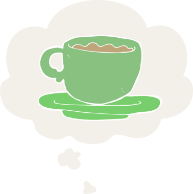 Düşünce baloncuklu bir çay fincanı insan tarafından çizilmiş.