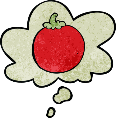 Düşünce baloncuklu çizgi film domatesi. Bir insan tarafından çizilmiş grunge desen tarzı.