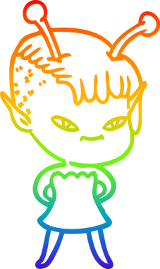 Gökkuşağı gradyan çizgisi bir insan tarafından çizilmiş şirin bir uzaylı kızın çizimi.