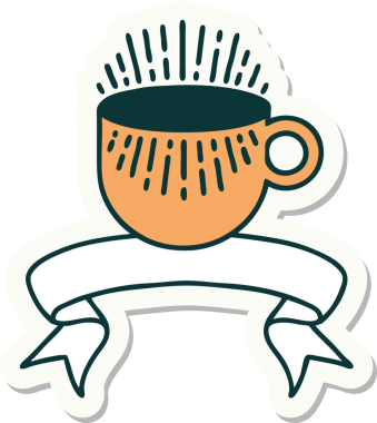 Bir insan tarafından çizilmiş bir fincan kahve sancağıyla dövme stili çıkartması.