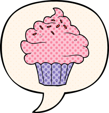 Bir insan tarafından çizilmiş çizgi roman tarzında konuşma balonlu kek.