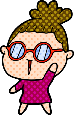 Bir insan tarafından çizilmiş gözlüklü bir karikatür kadın.