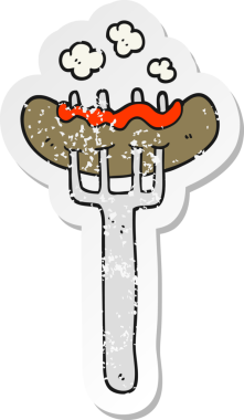 Bir insan tarafından çizilmiş çatalla çizilmiş sosis desenli bir çizgi film çıkartması.