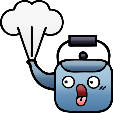 Bir insan tarafından çizilmiş dumanı tüten bir çaydanlığın gölgeli çizgi filmi.