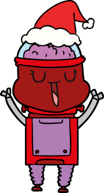 Bir insan tarafından çizilmiş Noel Baba şapkası takan bir robotun çizdiği mutlu el çizimi.