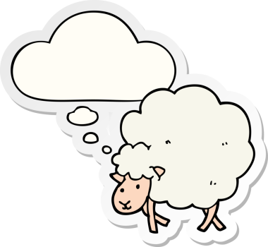 İnsan tarafından çizilmiş bir çıkartma olarak düşünce baloncuğu olan çizgi film koyunu.