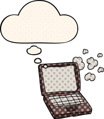 Bir insan tarafından çizilmiş, düşünce baloncuklu çizgi film dizüstü bilgisayarı.