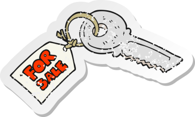 Bir insan tarafından çizilmiş satılık karikatür evinin anahtarının gerilimli retro etiketi.