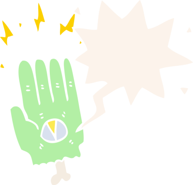 Bir insan tarafından çizilmiş eski tarz konuşma baloncuğu olan ürkütücü cadılar bayramı zombi eli.