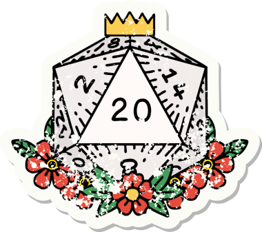 Bir insan tarafından çizilmiş çiçek elementleriyle 20 D20 zarının grunge sticker 'ı.
