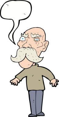 Bir insan tarafından çizilmiş konuşma balonlu kızgın yaşlı adam çizgi filmi.