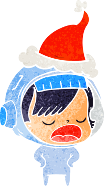 İnsan tarafından çizilmiş Noel Baba şapkası giyen astronot bir kadının el çizimi karikatürü.