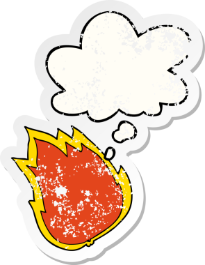 Düşünce baloncuklu çizgi film ateşi bir insan tarafından çizilmiş yıpranmış bir çıkartma gibi.