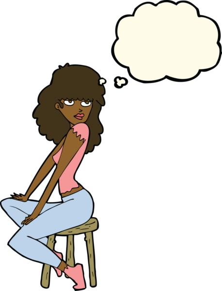 Bir insan tarafından çizilmiş düşünce baloncuğuyla poz veren karikatür kadın.