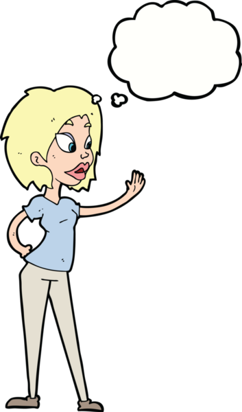 Bir insan tarafından çizilmiş düşünce baloncuğuyla el sallayan çizgi film kadını.