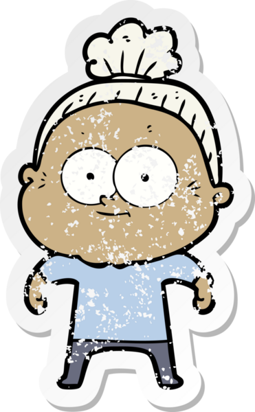 Bir insan tarafından çizilmiş mutlu, yaşlı bir kadının sıkıntılı çıkartması.