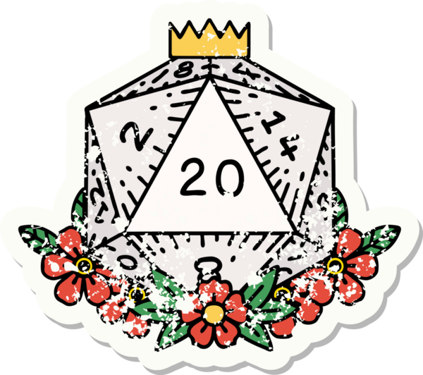 Bir insan tarafından çizilmiş çiçek elementleriyle 20 D20 zarının grunge sticker 'ı.
