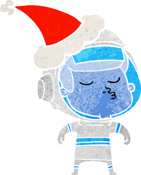 Kendine güvenen bir astronotun Noel Baba şapkası taktığı el çizimi bir insan tarafından çizilmiş.