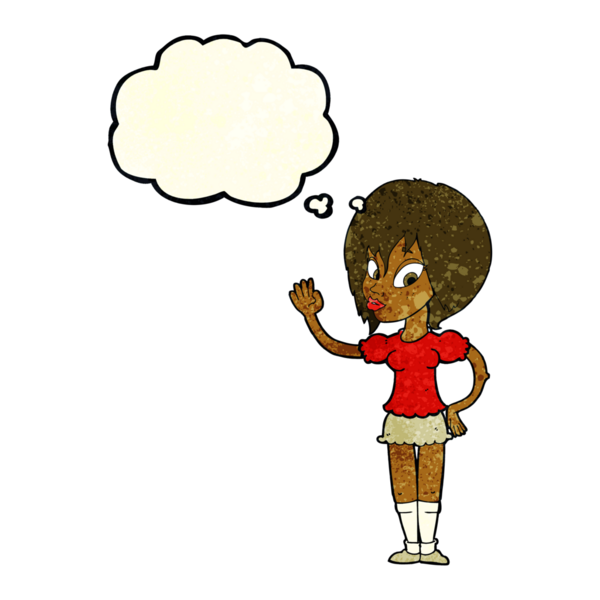 Bir insan tarafından çizilmiş düşünce baloncuğuyla el sallayan güzel bir kadın.