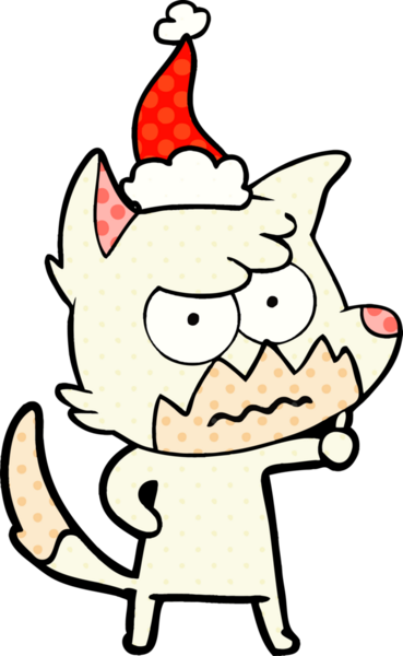 Bir insan tarafından çizilmiş Noel Baba şapkası giymiş kızgın bir tilkinin el çizimi çizgi roman tasviri.