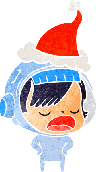 İnsan tarafından çizilmiş Noel Baba şapkası giyen astronot bir kadının el çizimi karikatürü.