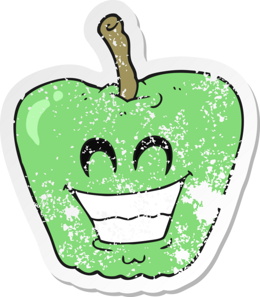 Bir insan tarafından çizilmiş sırıtan elma çizgi filminin kederli retro yapıştırması.