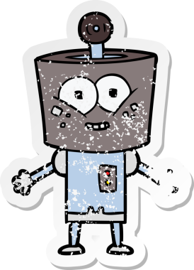 Bir insan tarafından çizilmiş mutlu çizgi film robotunun sıkıntılı çıkartması.