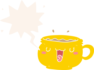 Bir insan tarafından çizilmiş eski moda konuşma baloncuklu şirin çizgi film kahve fincanı.