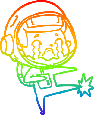 Gökkuşağı gradyan çizgi çizimi bir insan tarafından çizilmiş ağlayan astronot