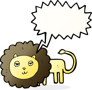 Bir insan tarafından çizilmiş konuşma balonlu çizgi film aslanı.