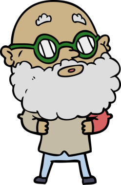 Bir insan tarafından çizilmiş sakallı ve gözlüklü meraklı bir adam.