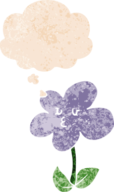 Düşünce baloncuğu ve grunge desenli karikatür çiçeği bir insan tarafından çizilmiş.