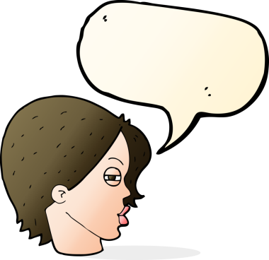 Bir insan tarafından çizilmiş konuşma baloncuğu ile gözlerini kısmış bir kadın yüzü.