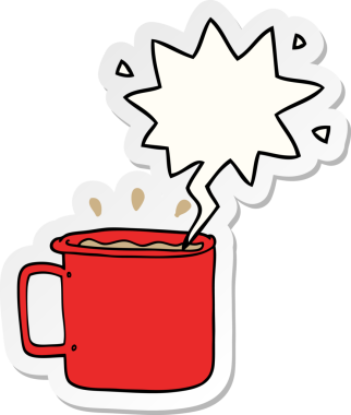 Bir insan tarafından çizilmiş konuşma balonu çıkartmalı bir kahve fincanı.