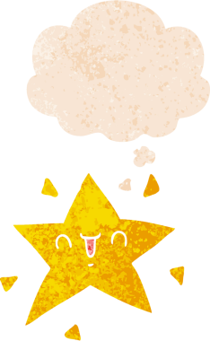 Düşünce baloncuğu ile çizgi film mutlu yıldız grunge sıkıntılı retro dokuma bir insan tarafından çizilmiş