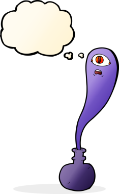 Şişede cadılar bayramı hayaleti ve bir insan tarafından çizilmiş düşünce balonu.