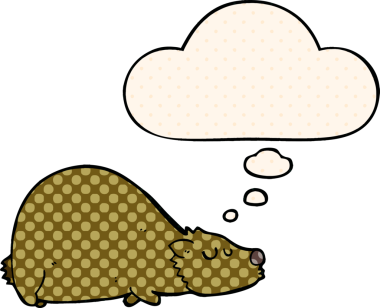 Çizgi roman tarzında bir insan tarafından çizilmiş düşünce kabarcığı olan çizgi film ayısı.