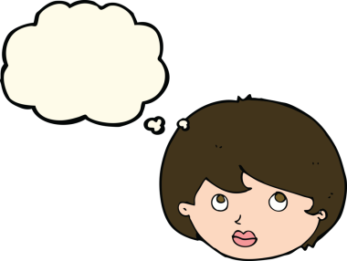 Bir insan tarafından çizilmiş düşünce baloncuğuyla yukarı bakan kadın yüzü.