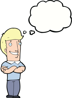 Bir insan tarafından çizilmiş düşünce baloncuğuyla sırıtan katlanmış kolları olan çizgi film adamı.