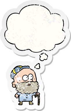 Düşünce baloncuğu olan yaşlı bir adam, bir insan tarafından çizilmiş yıpranmış bir çıkartma.