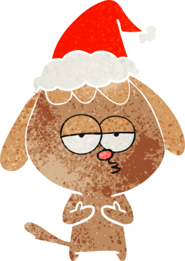 Bir insan tarafından çizilmiş Noel Baba şapkası giymiş sıkılmış bir köpeğin el çizimi karikatürü.