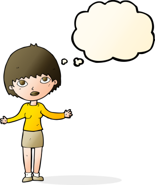 Bir insan tarafından çizilmiş düşünce baloncuğuyla omuz silken çizgi film kadını.