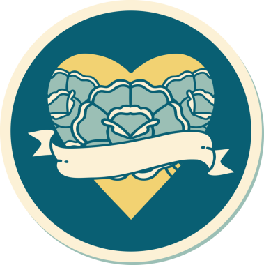 Geleneksel kalp stili dövme çıkartması ve bir insan tarafından çizilmiş çiçekli pankart.