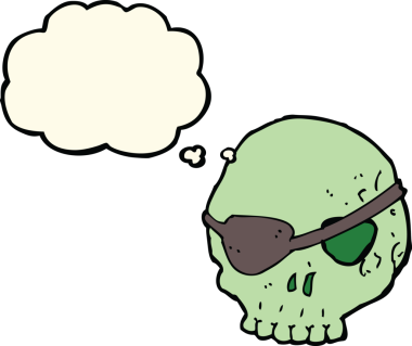 Bir insan tarafından çizilmiş düşünce baloncuklu göz bandı olan karikatür kafatası.