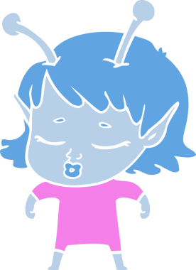 Tatlı uzaylı kız düz renkli çizgi film bir insan tarafından çizilmiş.