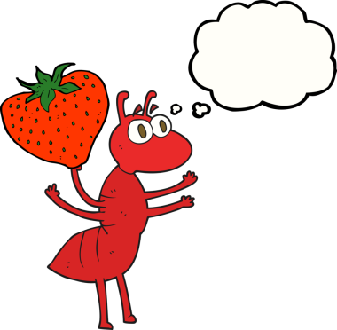 Serbest çizim düşünce baloncuklu karınca insan tarafından çizilmiş yiyecekleri taşıyor.